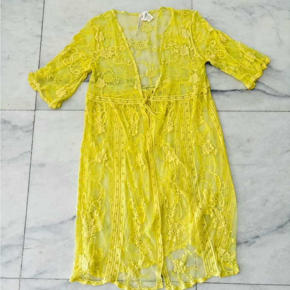 Forgotten Grace Duster Kimono Jacket Yellow Lace Floral Sheer Women L Boho NWT